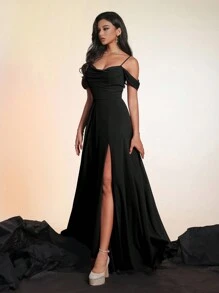 Smilprince Long Open Shoulder High-End Solid Color Bridesmaid Formal Evening Dress - Black - View 4