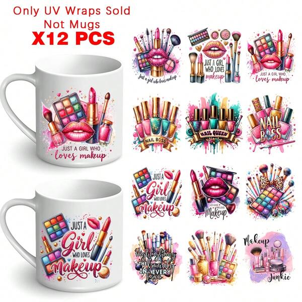 12pcs Makeup Themed UV DTF Transfer Stickers - Mixed Color Plastic Self-Adhesive Watercolor Cosmetic Decals With Glitter Finish, Waterproof Self-Adhesive Vinyl Decals For Libbey Glass & More, Colorful Designs For Mugs, Fridges, Coffee Cups - DIY Craft Supplies High-Quality PVC Fashion Decals