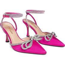 Women's Silver High Heel Sandals Rhinestone Bow Heels Ankle Strap Pointed Toe Sexy Stiletto Heeled Sandals Party Wedding Bridal Dress Pumps Shoes - Rose Red - View 4