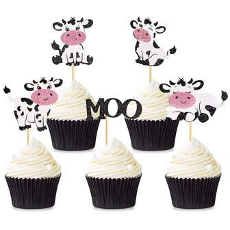 20 piezas Adornos para cupcakes con diseño de vaca, Artículos de decoración de fiesta de cumpleaños con tema de animales de granja para decoración de pasteles