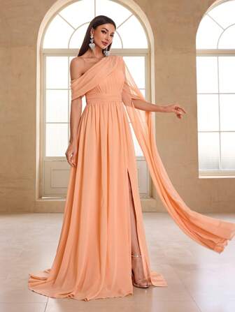 YISIKADO 女士优雅雪纺不对称领口开衩袖鸡尾酒会礼服、派对礼服、婚礼宾客礼服、舞会礼服