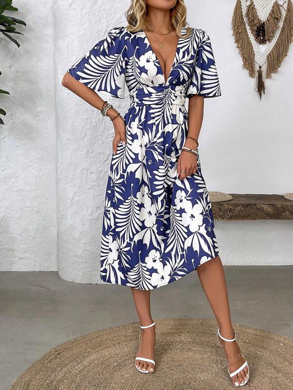 Floral Print V-Neck Elasticized Waist Woven Short Sleeve Midi Dress
