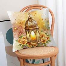 许愿灯印花斋月枕套，新月与星星悬挂装饰毛绒单面印花座垫套，花卉与吉祥含义，适合所有季节（不含枕芯） - 彩色 - 查看 6