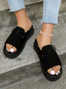 Women's Round Toe Thick Sole Open Toe Suede Slip-On Flat Shoes With Metal Buckle Decoration, Comfortable Casual Versatile Platform Sandals For Daily Wear, Work, School, Music Festival, Beach Party, Dating, Vacation