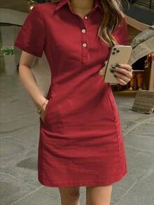 Spring/Summer New Fashionable Minimalist Elegant Lapel Single-Breasted Fitted Short Dress Casual - Burgundy - View 7
