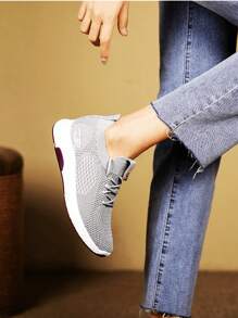 Nuevos zapatos planos para mujer de estilo coreano,  vacaciones de verano al aire libre de ocio con suela suave y moderna,Zapatillas De Deporte De Malla Tejidas,zapatos de playa transpirables con malla tejida,apatos de playa transpirables con malla tejida,vacaciones de verano al aire libre de ocio con suela suave y moderna, - Gris - Ver 1