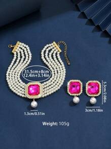 3 件套奢华夸张多层人造珍珠、水晶和水钻项链和耳环套装，适合女性婚礼、派对、节日礼物 - 彩色 - 查看 5