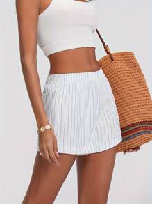 Women Summer Stripe Print Shorts Elastic High Waist Wide Leg Short Pants Lounge Shorts