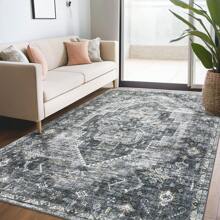 Washable Printed Carpet Distressed Floral Carpet Oriental Distressed Dotted Carpet With Non-Slip Backing Suitable For Living Room Bedroom Office