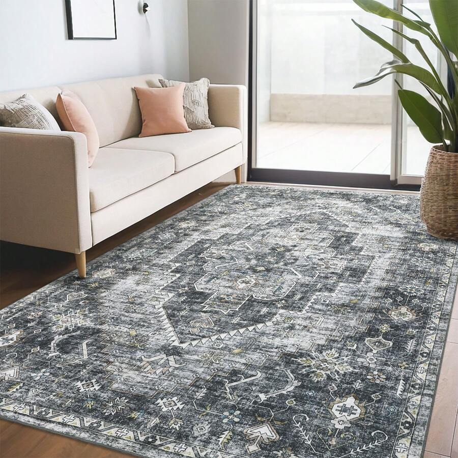 Washable Printed Carpet Distressed Floral Carpet Oriental Distressed Dotted Carpet With Non-Slip Backing Suitable For Living Room Bedroom Office