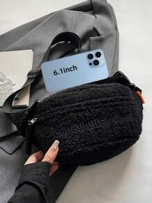 女士毛绒胸包，大容量 2025 新款秋冬小众设计女士斜挎腰包 - 黑色 - 查看 5