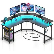 Rolanstar L Shaped Gaming Desk With LED Lights & Power Outlets, 46.2" Computer Desk With Full Monitor Stand & Storage Shelf, Corner Desk With Hooks, Carbon Fiber Desk Reversible - Black - View 9
