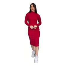 Red Ribbed Knit Maxi Dress Long Sleeve High Neck - 紅色 - 查看 3