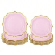 10 件/20 件，浅粉色扇贝形 9 英寸/7 英寸纸盘，金箔粉色扇贝形甜点纸盘，一次性扇贝纸盘，带金箔边缘浅粉色盘子，适用于茶会、沐浴、生日