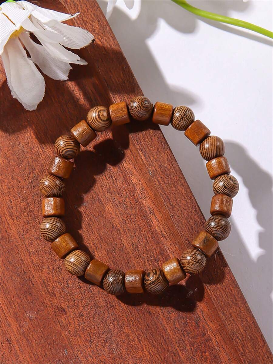 1pc Vintage Fashion Wood Bead Elastic Cord Bracelet - Multicolor - View 1