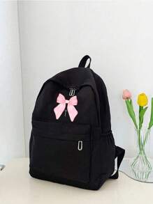 卡通粉色蝴蝶结印花女孩背包大容量笔记本电脑背包，返校经典休闲日用背包大学背包轻便学校书包适合女孩男孩，女孩背包书包适合中学生青少年背包，防盗笔记本电脑背包旅行日用背包书包礼物 - 黑色 - 查看 2