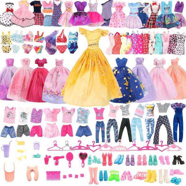 52-teiliges Puppenkleid & Accessoire Set (Puppe nicht enthalten), enthält 2 Hochzeitskleider, 3 Alltagsoutfits, 2 Bademode, 2 Partykleider, 10 Miniröcke, 13 Accessoires, 10 Kleiderbügel, 10 Paar Schuhe, zufallsgemischte Accessoires, 11,5 Zoll Puppen Weihnachtsdekoration Geschenkset (Puppe nicht enthalten)
