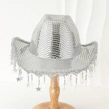 Womens Men Shiny Cowgirl Hat Wide Brim Western Bling Stars Tassel Cowgirl Hat Themed Party Cap - 銀色 - 查看 2