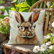 1pc Vintage Glasses Rabbit Pattern Decorative Pillow Cover, Single-Sided Peach Velvet Fabric, 45*45cm/50*50cm Cushion Cover For Modern Sofa, Living Room Decor, Gift