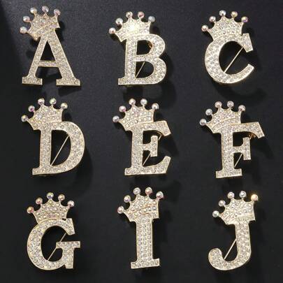 1pc Rhinestone Crown Shaped 26 Letter Brooch Pin, Fashion Lapel Pin For Men & Women, Suit Accessory