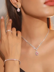 5 件套闪亮水钻首饰套装，粉色 Y2K 可爱风格耳环、戒指、手链、项链组合，新娘婚纱配饰 - 粉色 - 查看 2