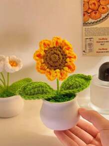 3pcs Handmade Crochet Sunflower Faux Potted Plant, Artificial Eternal Sunflower Pot, Woven Flower Bouquet Decor For Home, Living Room, Dining Room, Bedroom, Office Desk, Dining Table Center, Suitable For Autumn, Back To School, Mother's Day, Valentine's Day, Wedding, Birthday, Anniversary, Great Gift For Coworkers, Mom, Boyfriend And Girlfriend Gifts Graduation - Multicolor - View 5