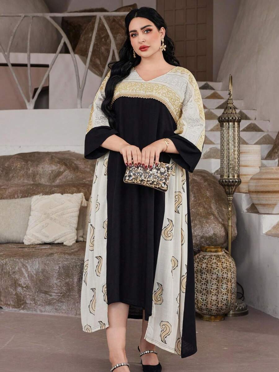 Đầm Ramadan truyền thống thanh lịch thêu và in họa tiết kiểu Ả Rập dành cho nữ năm 2026, có thắt lưng, cổ chữ V, phối màu đen, thích hợp cho mùa xuân/hè.