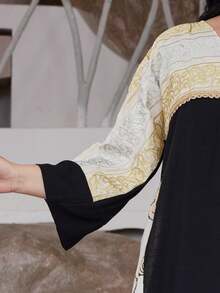 Đầm Ramadan truyền thống thanh lịch thêu và in họa tiết kiểu Ả Rập dành cho nữ năm 2026, có thắt lưng, cổ chữ V, phối màu đen, thích hợp cho mùa xuân/hè. - màu đen - Xem 3