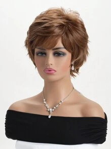 10-Inch Women Natural Looking Fluffy Mixed Brown Synthetic Fiber Short Wig With Oblique Bangs, Suitable For Everyday Wear