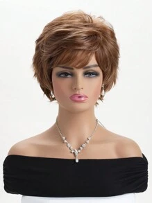 10-Inch Women Natural Looking Fluffy Mixed Brown Synthetic Fiber Short Wig With Oblique Bangs, Suitable For Everyday Wear