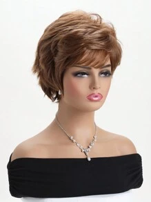 10-Inch Women Natural Looking Fluffy Mixed Brown Synthetic Fiber Short Wig With Oblique Bangs, Suitable For Everyday Wear