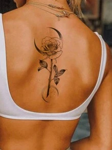 1 vel groot formaat onder de borst dijbeenbanden body art tijdelijke tattoo stickers voor vrouwen, zwarte eenvoudige lijnstijl maanroos bloemenpatroon, waterdichte nep-tatoeage, duurt 2-5 dagen, bedekt littekens, kan worden gebruikt op armen pols schouders benen taille nek hand borst dijen