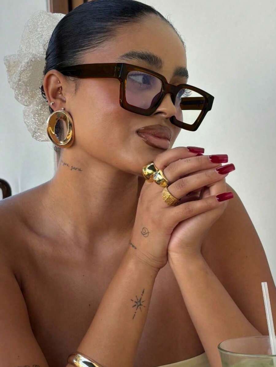 1pc Square Frame Glasses Fashion Non-Prescription Glasses High Color Eyeglasses - 深茶色 - 查看 1