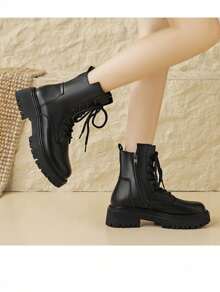 Botas cortas de estilo británico para mujer, Botas de Agujetas para Mujer, Botas Militares de Combate con Cordones para Mujer, Botas de combate con cremallera lateral minimalista, diseño de hebilla, con cordones frontales, para combinar con ropa de otoño