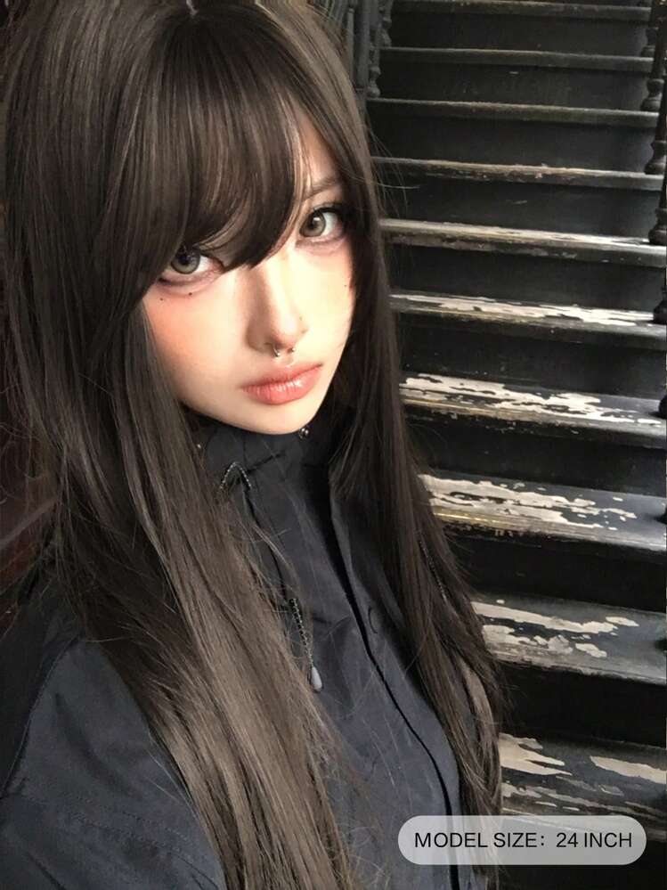 alicegarden 1 Piece Synthetic Heat-Resistant ,Long Straight Hair Wig In Natural Black Wigs, With Bangs, 24 Inches Long, Made From Fiber, Suitable For Daily Use, Natural And Realistic Wig - 棕色 - 查看 3