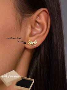 1 Pair Customized Stainless Steel Name Earrings, Elegant Personalized Ribbon Name Heart Shaped Earrings For Women, Suitable For Daily Wear, Wedding, Party Gifts, Available In Gold, Fashionable, Colorful, Ideal For Anniversary, Birthday, Graduation Ceremony, Prom, Party, School Supplies, Suitable For Teenagers, Middle School, High School, College Students - Gold - View 1