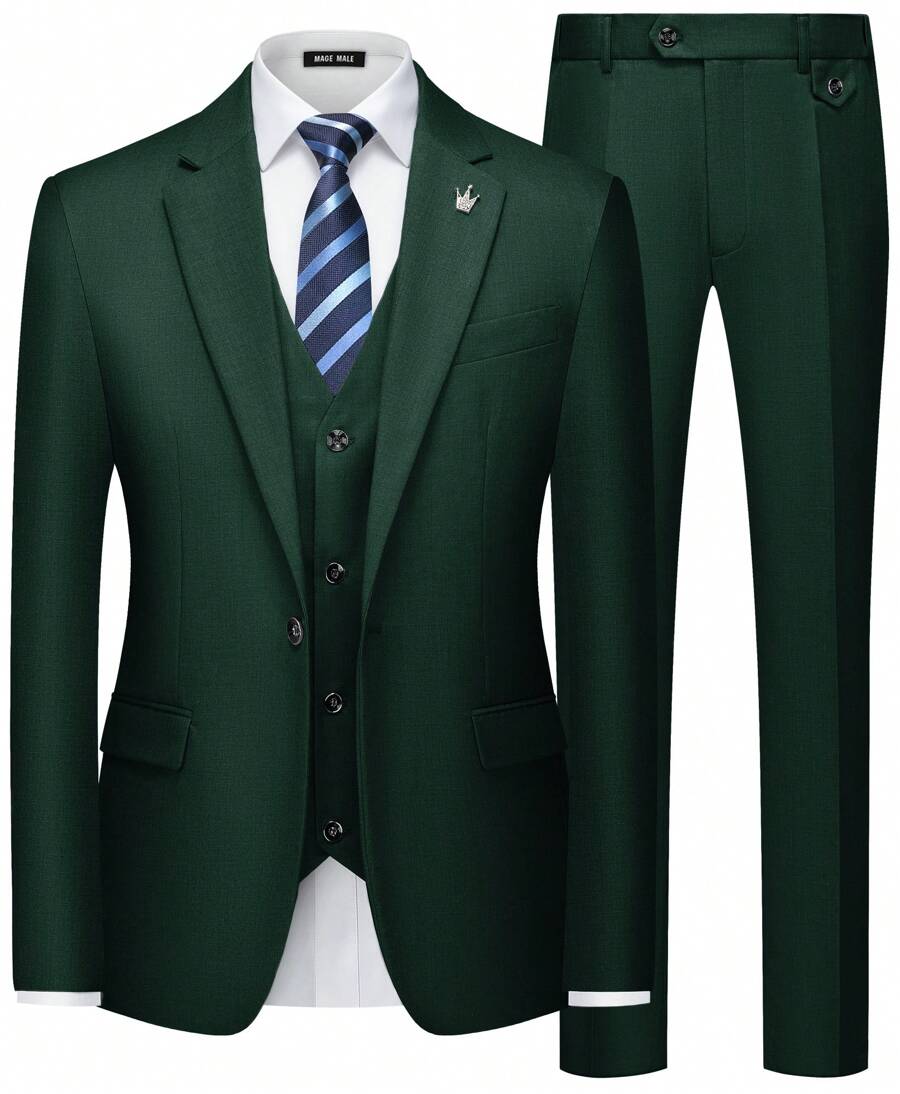 MAGE MALE Mens Suits Slim Fit 3 Piece Tuxedo Suit One Button Solid Prom Wedding Party Blazer Vest Pants Set - 墨綠色 - 查看 1