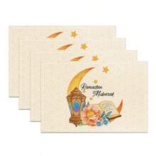 4/6/8 Pieces Set Linen Placemat, Heatproof, Modern Design With Lantern & Moon Pattern, Suitable For Holiday Dining And Kitchen Decor, 12x18 Inches