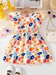 Young Girl Casual Sporty Floral Print Chic Round Neck With Back Buttons Cute Cap Sleeve Princess Dress, Suitable For Daily, Home, Outdoor, Summer - Multicolor - View 1