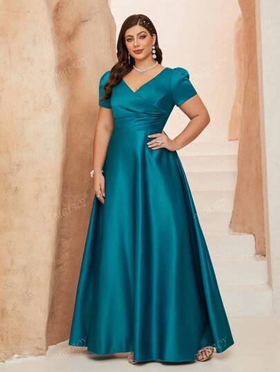 Mgiacy New Arrival V Neck Solid Color Bridesmaid Dress Ruched Puff Sleeve Satin Long Dress