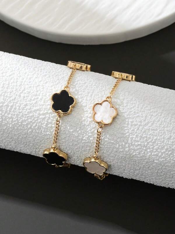 2pcs Men's Fashion Classic Black & White Clover Bracelet Set