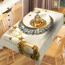 1pc Eid Mubarak Polyester Tablecloth,Exquisite Candle Lantern Patterned Tablecloth,Blue Printed Moon Patterned Tablecloth,Rectangular Machine Washable Tablecloth, Polyester,Ramadan Eid Home Decor, Kareem Celebration Table Cover,Ramadan Gift