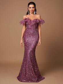 UNITHORSE Vestido de fiesta, gala, formal, de invitada a boda con volantes en el bajo, hombros descubiertos, sin mangas y parches de lentejuelas - Rojo violeta - Ver 2