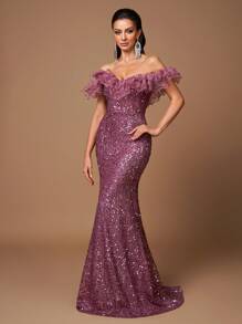 UNITHORSE Vestido de fiesta, gala, formal, de invitada a boda con volantes en el bajo, hombros descubiertos, sin mangas y parches de lentejuelas - Rojo violeta - Ver 7