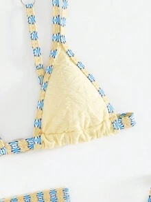 时尚性感三件套，特殊面料，年轻女士比基尼沙滩度假印花泳衣套装。腰围和胸围适中，适合夏季度假。 - 黃色 - 查看 3