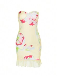 Women Short Printed Bodycon Spaghetti Strap Casual Dress, Daily Wear - Yellow - View 4