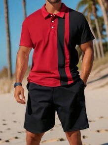 Men's Colorblock Short Sleeve Polo Shirt Set, Minimalist & Fashionable, Suitable For Summer