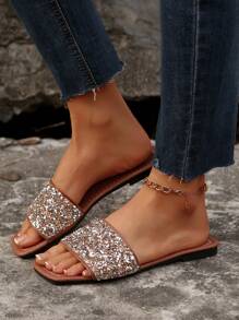 Plus Size Women Student Slip-On Sandals, New Fashion Square Toe Flat Sandals With Rhinestones, Comfortable Soft Sole Slip-On Slippers, Suitable For Dress, Beach, Summer