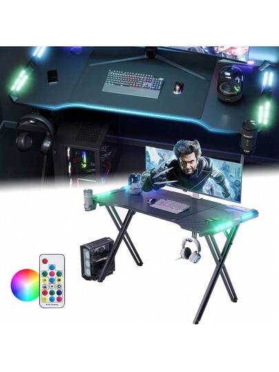 LILIIN Gaming Computer Bureau Carbon Fiber Surface Stable, M/Z/X Frame, 120cm/140cm/160cm, LED/ out LED, Tafel Ergonomic, Cup Holder Headphone Hook, view 9