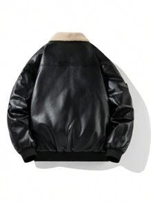 Men's Vintage Bomber Jacket, Casual Lapel Pie Overcome, Zip-Up Long-Sleeved Warm Jacket, Suitable For Autumn And Winter Outdoor Wear - màu đen - Xem 4